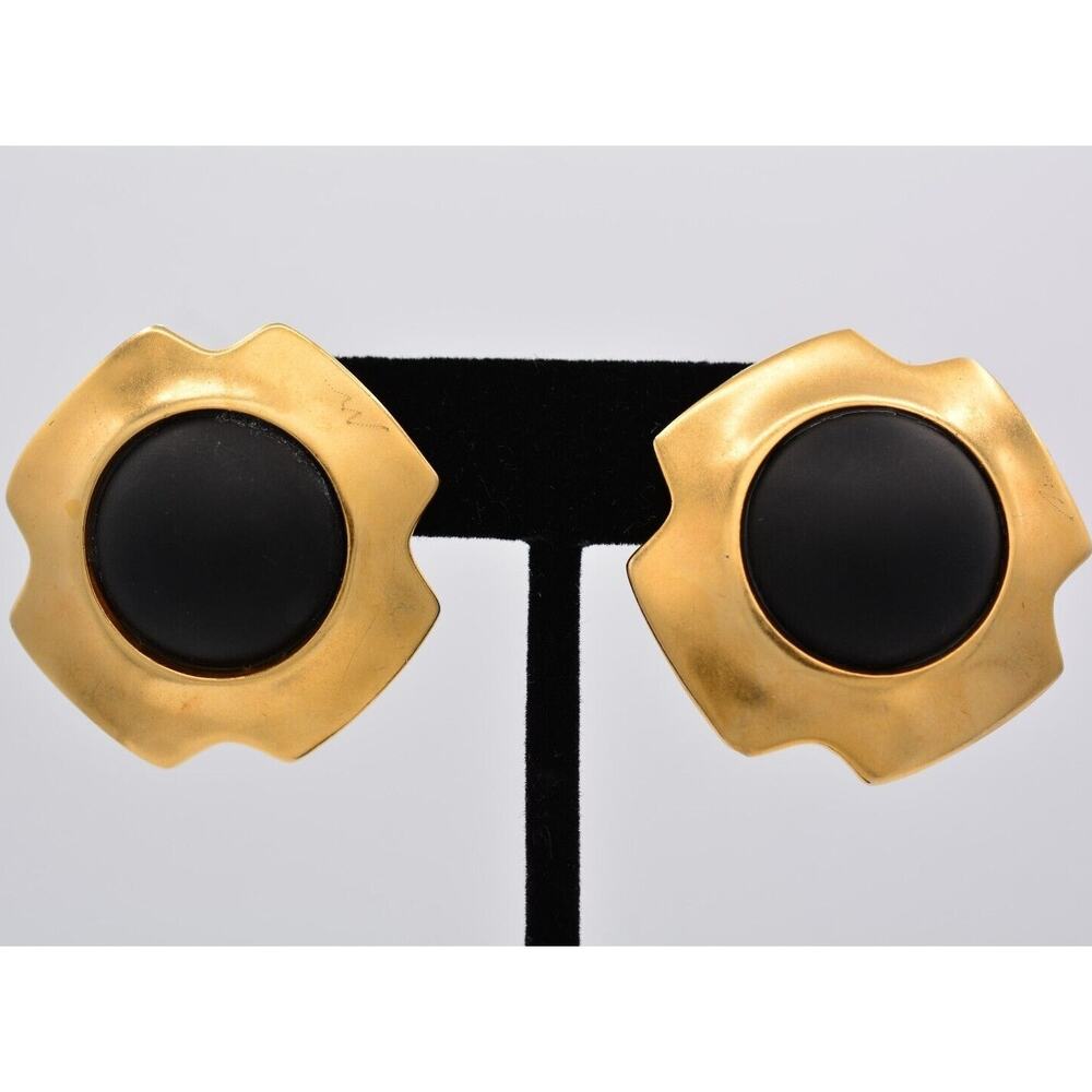 Vintage Brushed Gold Earrings Black Matte Beaded Chunky Pierced Bold 1980s BinAA